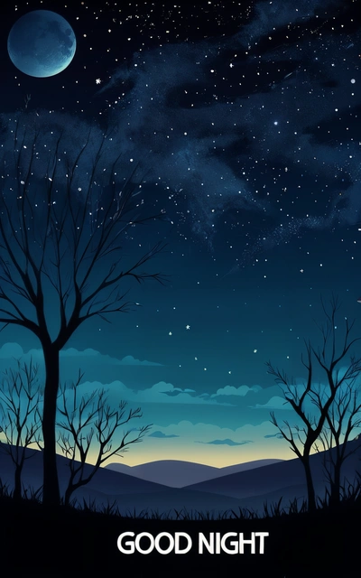 A night scene with trees and a full moon in the sky with the words good night written below it in a font that reads,, night sky, a matte painting, space art