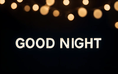 A black background with a white text that says good night on it and a lot of lights in the background with a black background with a white text that says good night, night, a 3d render, dau-al-set