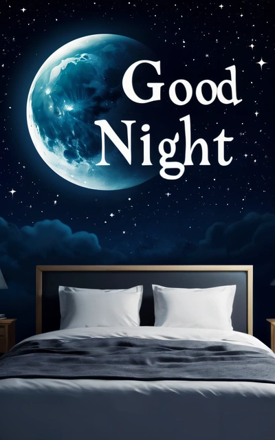 A bed with a night sky and a moon with the words good night on it and a night sky with stars and a full moon, book cover, a poster, international typographic style