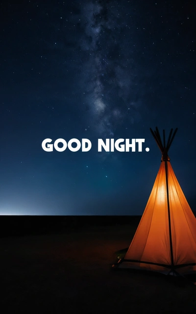 A teepee with the words good night written on it in front of a night sky with stars and a milky background with a quote, night, a stock photo, minimalism