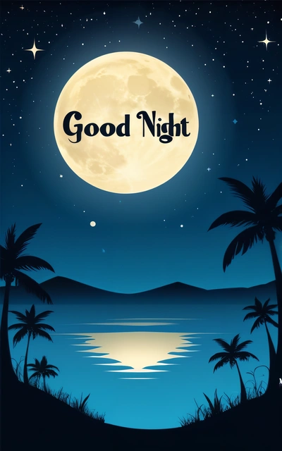 A night scene with a full moon and palm trees and the words good night written in black on a blue background with a lake and stars, night, a poster, dau-al-set