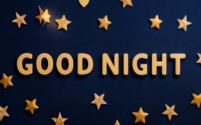 A blue wall with stars and the words good night written in gold letters on it and a blue background with stars and a light bulb, night, a 3d render, dau-al-set