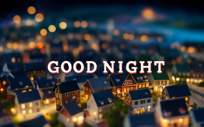 A city with a lot of houses and lights in the background that says goodnight on it's screen with a blurry background of the city lights, night, a digital rendering, folk art