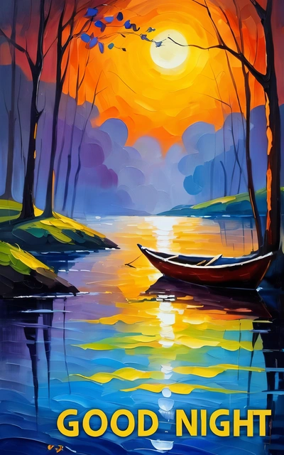 A painting of a boat on a lake with a sunset in the background and a good night message below it that reads,'good night ', impressionist painting, an abstract painting, american scene painting