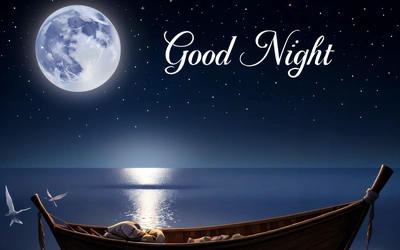 A boat with a full moon in the background and a message written in the middle of the boat that says good night on the water, night, a digital rendering, folk art