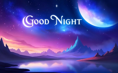 A night scene with a moon and a lake with mountains in the background and the words good night written in the middle of the image, night, computer graphics, fantasy art