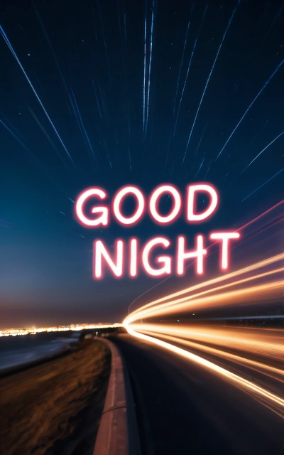 A blurry photo of a highway with the words good night written in the middle of it and a star trail in the sky above, night, a digital rendering, space art