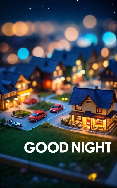 A model of a house with a car parked in front of it and a good night message in the middle of the picture with a blurry background, night time, a tilt shift photo, naive art