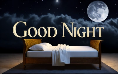 A bed with a white blanket and a night sky background with a full moon and stars above it and the words good night written on the wall, night, a digital rendering, folk art
