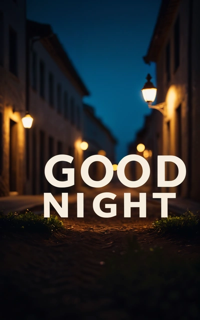 A street with a street light and a sign that says good night on it in the middle of the street is a street lamp and a building with a lamp, night, a 3d render, international typographic style