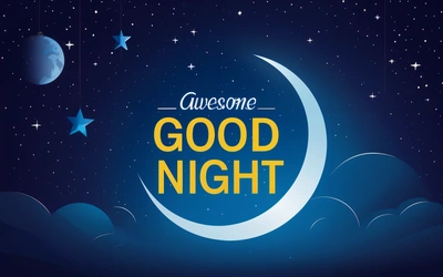 A blue moon with the words good night written on it in yellow lettering on a dark blue background with stars and a crescent in the sky, night, a digital rendering, dau-al-set