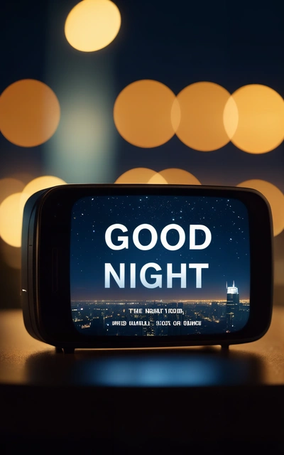 A small television with the words good night on it's screen in front of a blurry background of lights and boke boke, night, a digital rendering, video art