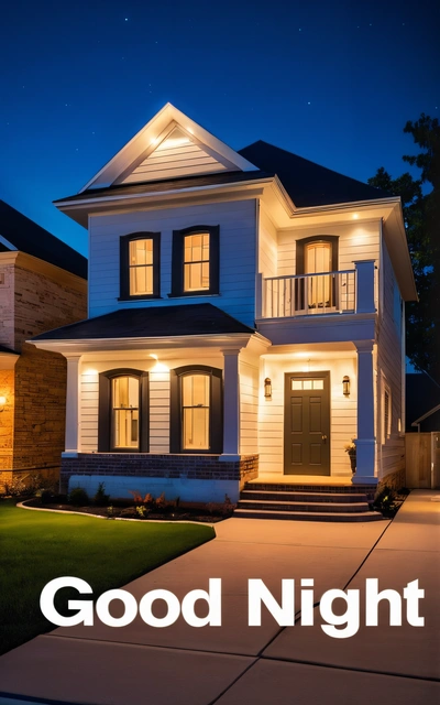 A white house with a black roof and a good night sign in front of it that says, good night on the front of the house, detailed lighting, a digital rendering, arts and crafts movement