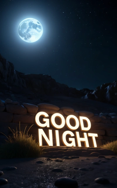 A night scene with a glowing sign that says good night in the foreground and a full moon in the background with a mountain range in the distance, night, a 3d render, video art
