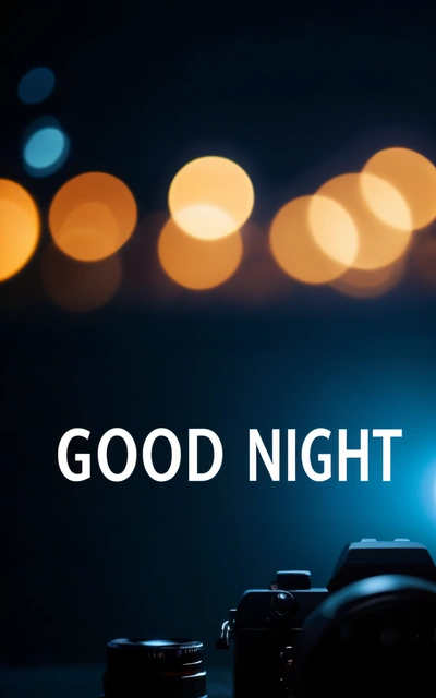 A camera and some lights on a table with the words good night written on it in white letters on a black background with boke, night, a 3d render, art photography