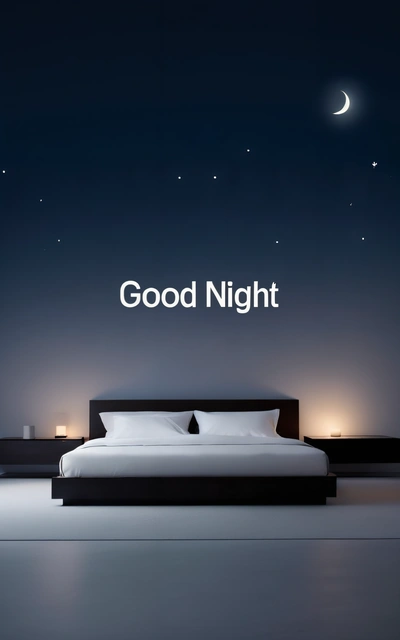 A bed sitting in a bedroom under a night sky with a good night sign above it that reads,'good night'on the bed, night, a minimalist painting, dau-al-set