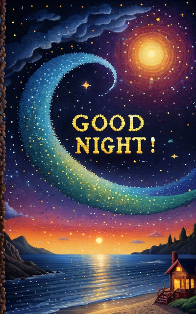 A painting of a night sky with a crescent and stars above the ocean and a house on the shore with the words good night written in the sky, night, a cross stitch, folk art