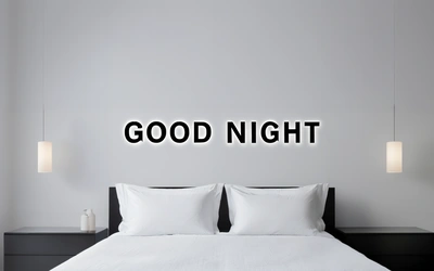 A bed with white sheets and pillows and a black headboard with the words good night on it and a light above it that reads,, night, a minimalist painting, minimalism