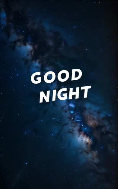 A picture of a night sky with the words good night written in white on it and a star filled sky in the background with stars, david rudnick, a poster, space art