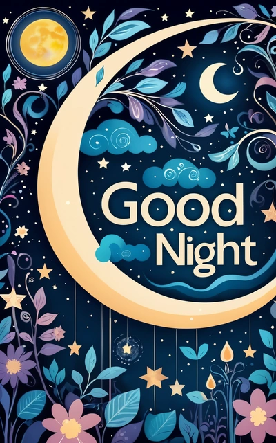 A poster with a crescent and stars on it that says good night in the night sky with stars and moon on the moon and flowers, colorful flat surreal design, vector art, international typographic style