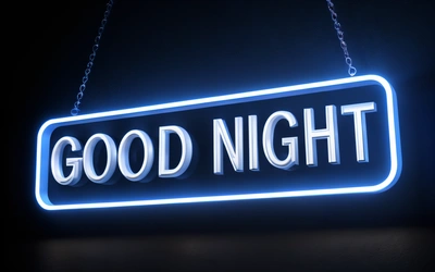 A neon sign that says good night hanging from a chain on a wall in a dark room with a black background and a black background, night, a 3d render, international typographic style