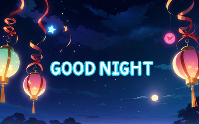 A night scene with three lanterns and a star in the sky with the words good night written below it in blue and pink colors with a moon and stars, night, computer graphics, space art