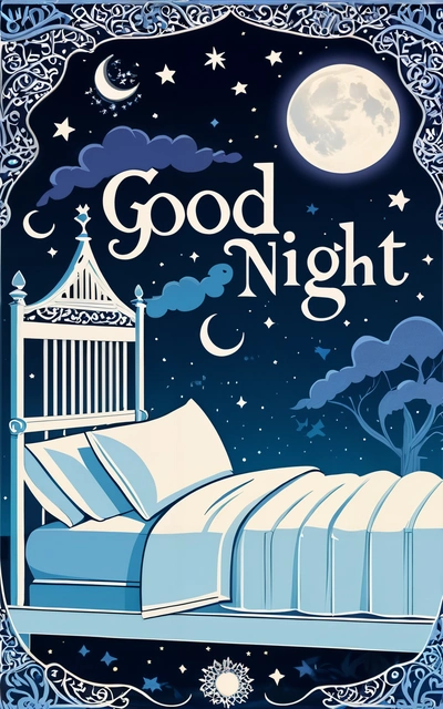 A poster with a bed and a night sky with stars and a crescent moon in the background and a blue frame with a white crib, night, a storybook illustration, folk art