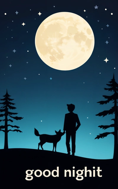A man standing next to a dog under a full moon with the words good night written below it on a blue background with stars and a full moon, book cover, a storybook illustration, space art