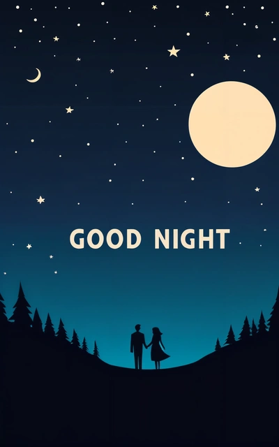 A couple standing under a full moon with the words good night written on it in the sky above them is a forest and a full moon, night, poster art, neo-romanticism
