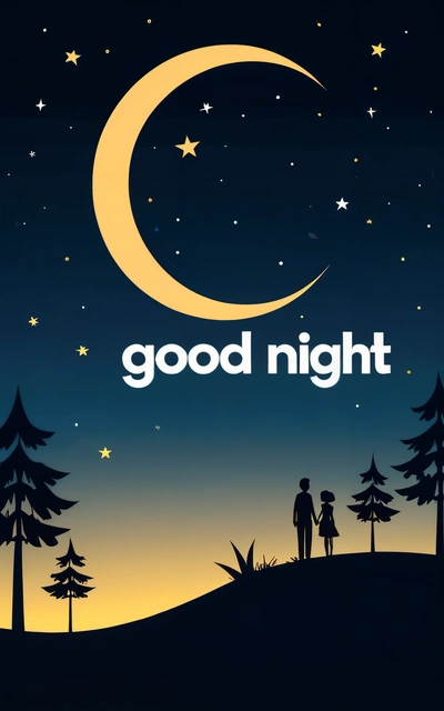 A couple standing under a crescent moon with the words good night written below it in white on a blue background with stars and a crescent, night, vector art, dau-al-set