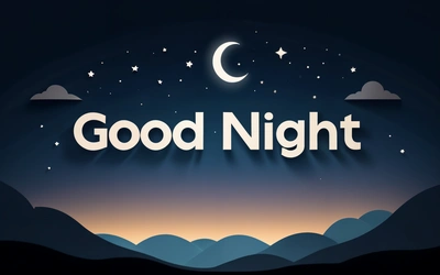 A night scene with the words good night written in white on a dark background with mountains and stars in the sky and a crescent above the words, night, a digital rendering, dau-al-set