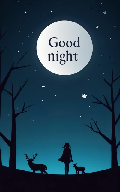 A person standing in the woods with two deer under a full moon with the words good night above them and a silhouette of a woman and two deer, book cover, a storybook illustration, german romanticism