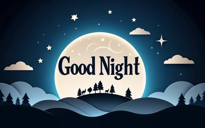 A night scene with the words good night written in a paper cutout style on a dark background with a full moon and stars above the trees, night, a digital rendering, dau-al-set