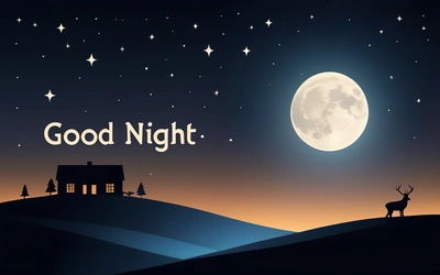 A night scene with a deer and a house with a full moon in the background and a good night message below it that says,, night, a digital rendering, dau-al-set