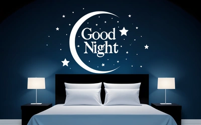 A bed with a night sky and stars on it and a good night wall decal above it that says,'good night ', night, a digital rendering, dau-al-set