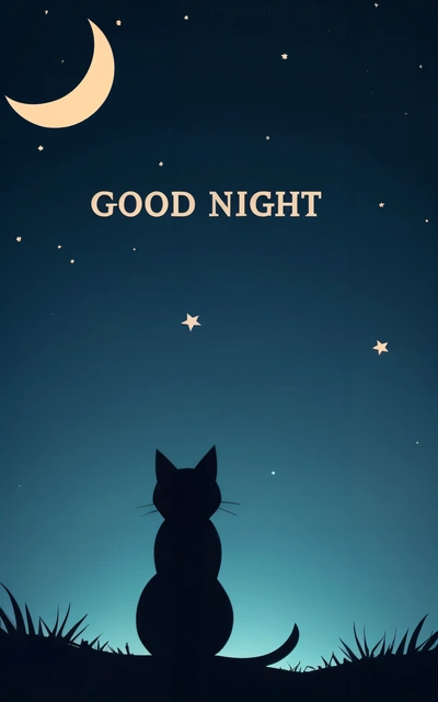 A cat sitting in the grass under a night sky with stars and a crescent moon above it, with the words good night written below, night, a poster, space art