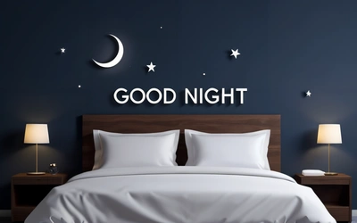 A bed with a white comforter and pillows and a night sky with stars and the words good night above it on a blue wall, night, a digital rendering, dau-al-set
