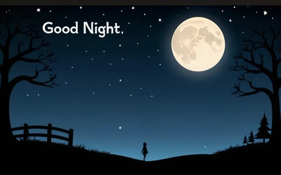 A person standing in the moonlight with a full moon in the background and a good night message below it that reads,'good night ', night, a storybook illustration, video art