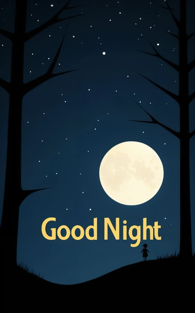 A night scene with the words good night written in yellow on the bottom of the image and a full moon in the background with trees, night, vector art, dau-al-set