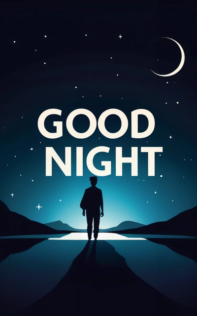 A man walking across a dark night sky with the words good night written on it in white letters on a blue background with a crescent, book cover, poster art, international typographic style