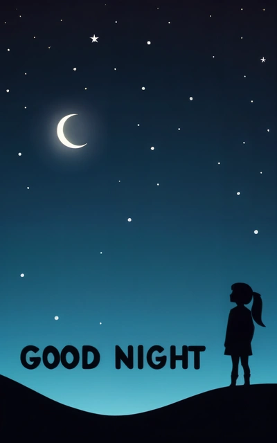 A girl standing on a hill looking at the stars and the moon in the sky with the words good night written below her on the sky, night, a poster, space art