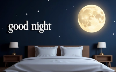 A bed with a night sky and a full moon above it with the words good night above it on a wall above it is a night sky with stars and a bed, night, a digital rendering, dau-al-set