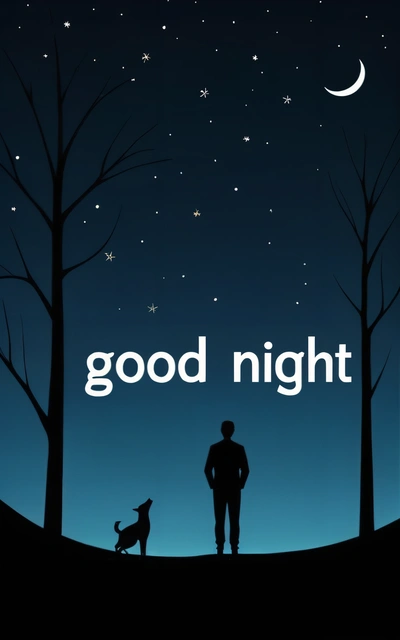 A man standing next to a dog under a night sky with stars and a moon above him and a dog on a leash in the foreground, night, a storybook illustration, space art