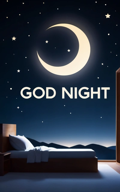 A bed sitting under a night sky with a crescent and stars above it and the words good night written on the wall above it in white, night, a digital rendering, dau-al-set