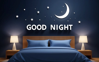 A bed with a blue comforter and a night sky with stars and a crescent above it with the words good night above it is a bed with a night sky with stars and a, night, a digital rendering, dau-al-set