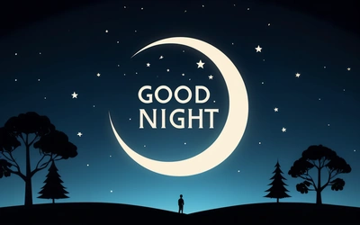 A man standing in front of a crescent with the words good night written on it in the sky above trees and a crescent with the moon, night, a digital rendering, dau-al-set