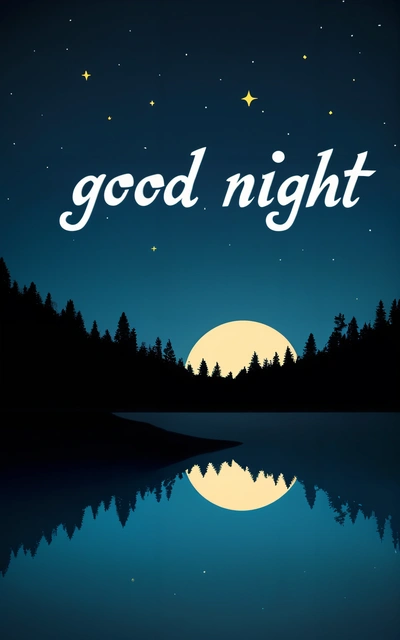 A night scene with the words good night on it and a full moon in the background with trees and a lake in the foreground, night, a screenshot, dau-al-set