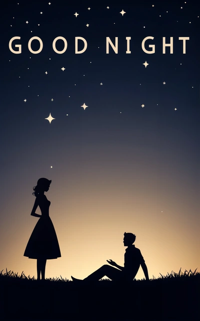 A man and woman sitting on the ground under a night sky with stars above them, and the words good night written in the sky, dream, a storybook illustration, romanticism