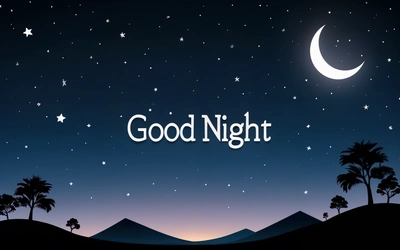 A night scene with the words good night written in white on a blue background with palm trees and a crescent moon in the sky with a star, night, a digital rendering, dau-al-set