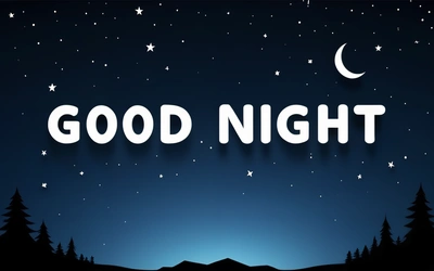 A night scene with the words good night written in white letters on a dark blue background with stars and a crescent moon in the sky, night, a digital rendering, dau-al-set